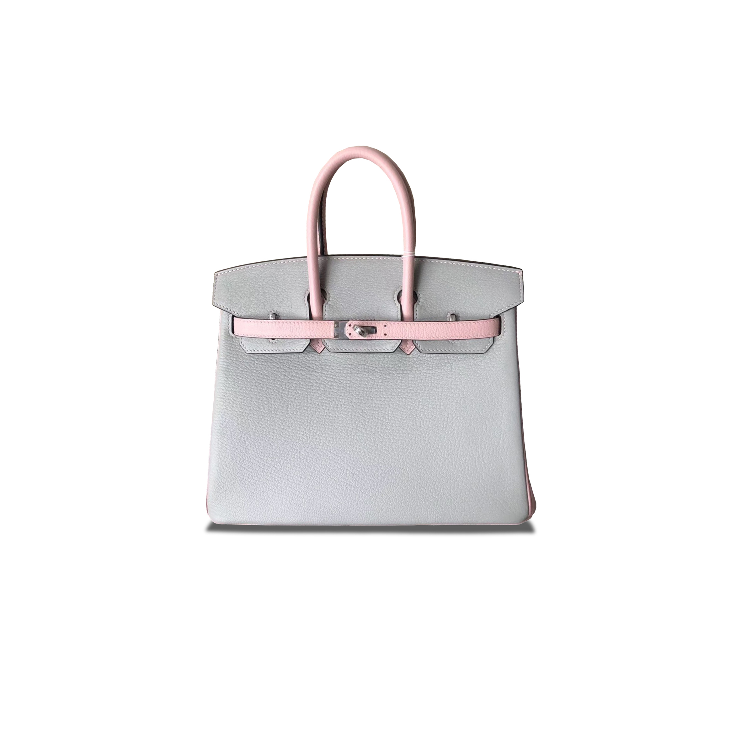 HERMÈS BIRKIN 25 CHEVRE LEATHER PEARL GREY AND CHERRY BLOSSOM PINK SILVER BUCKLE BAG H028361CC73 (25*20*13cm)